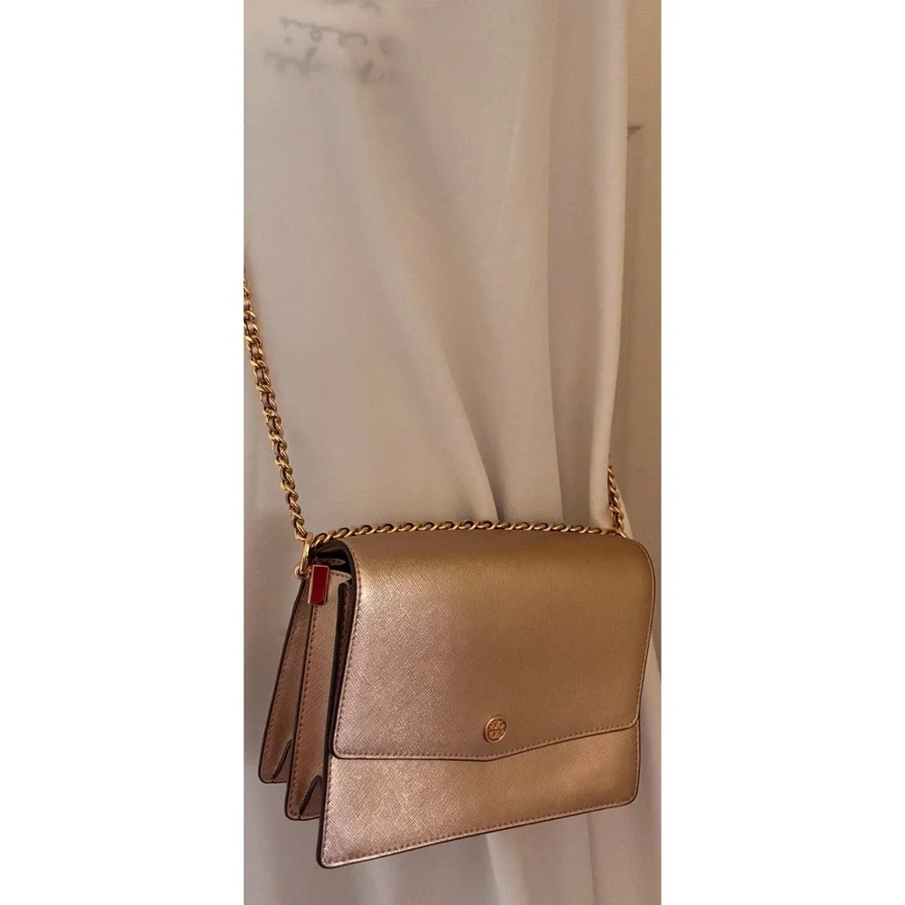 Tory Burch Robinson Convertible Metallic Rose Gold Leather Cross body New no tag